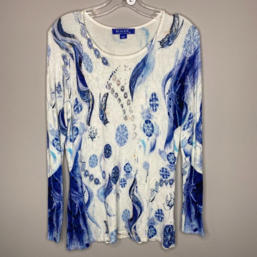Blu Ice Size L White w/Blue Print Long Sleeve Bamboo Sweater